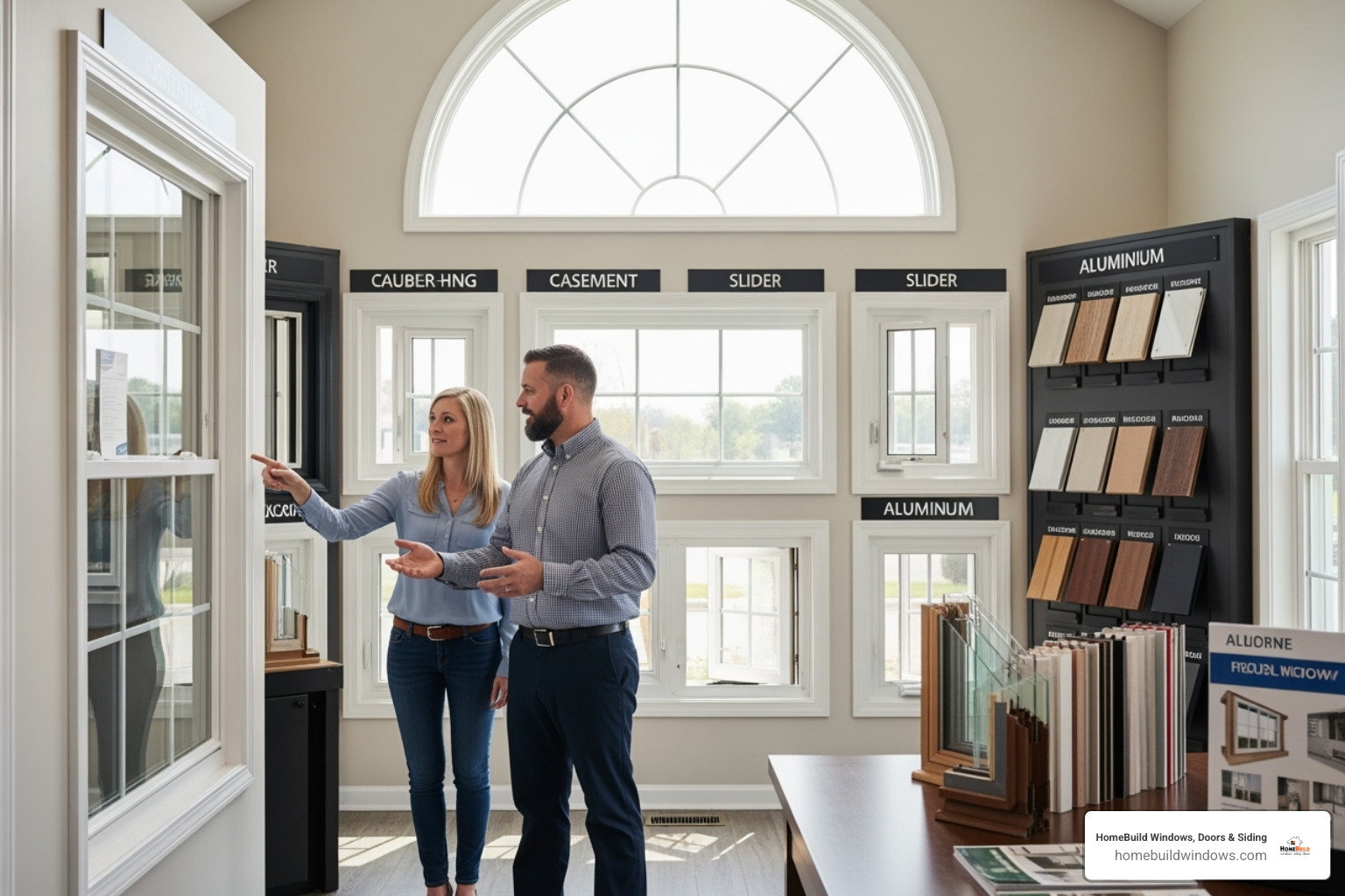 A homeowner discussing window options with a professional installer in a showroom - replace awning window with double hung A homeowner discussing window options with a professional installer in a showroom - replace awning window with double hung