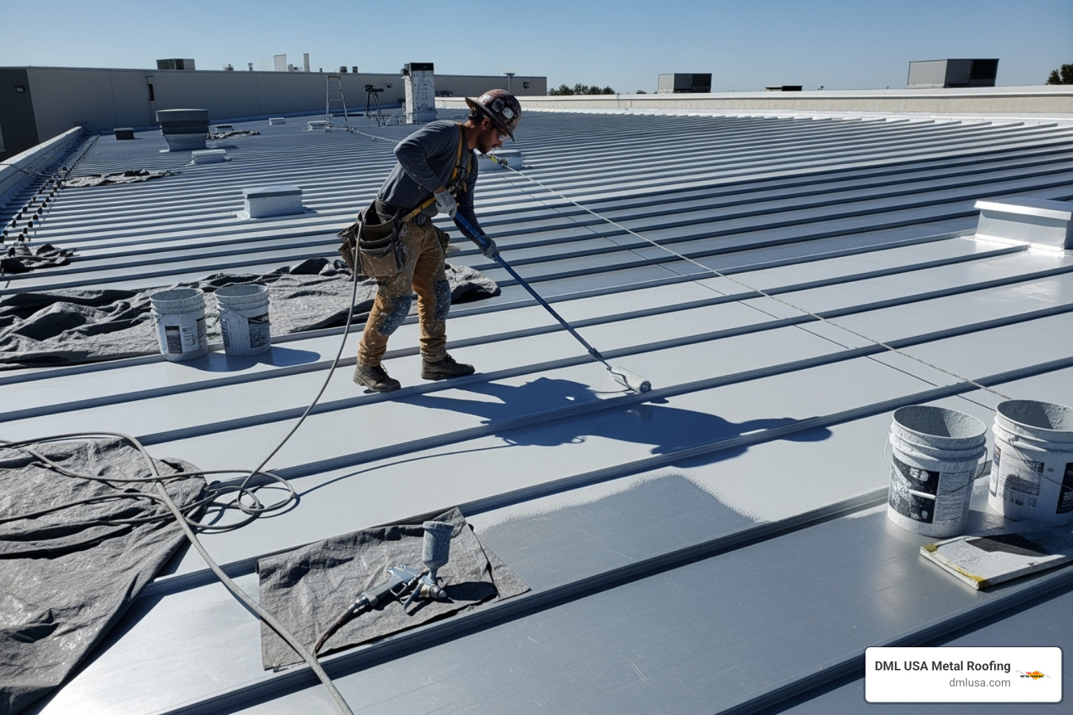 contractor applying a primer to a clean metal roof - metal roof coating companies near me