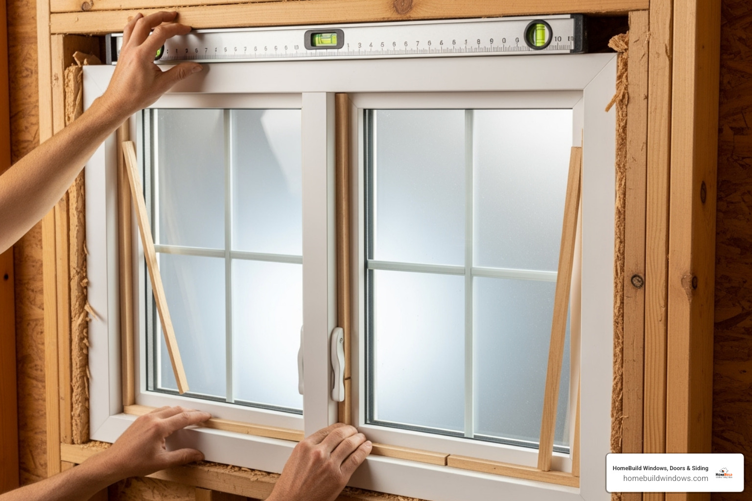 A new double-hung window being carefully shimmed and leveled in the opening - replace awning window with double hung A new double-hung window being carefully shimmed and leveled in the opening - replace awning window with double hung