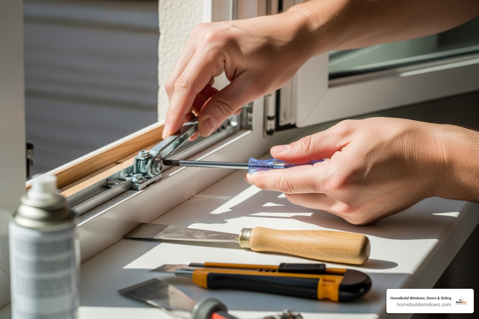 A person's hands carefully detaching the operator arm from an awning window sash, with tools laid out on the windowsill - how to replace awning window sash