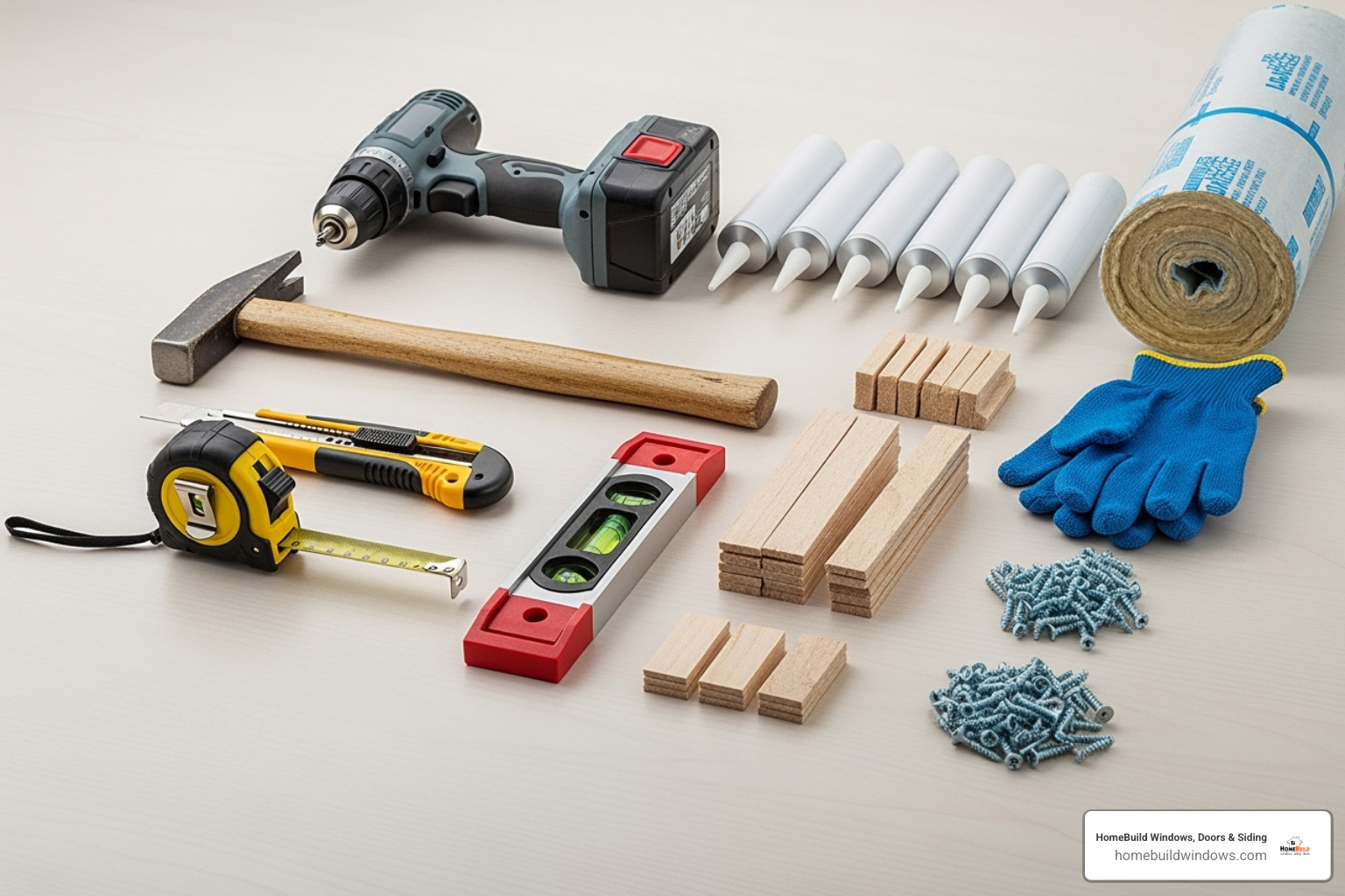 Necessary tools and materials laid out for a window replacement project - replace awning window with double hung Necessary tools and materials laid out for a window replacement project - replace awning window with double hung