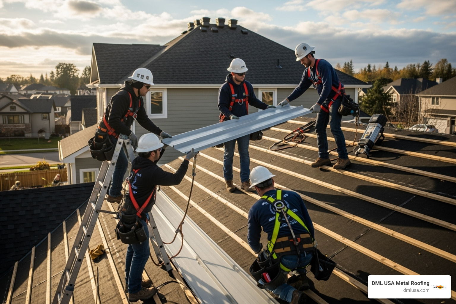 A skilled installation crew working safely and efficiently on a residential metal roof - metal roofing company
