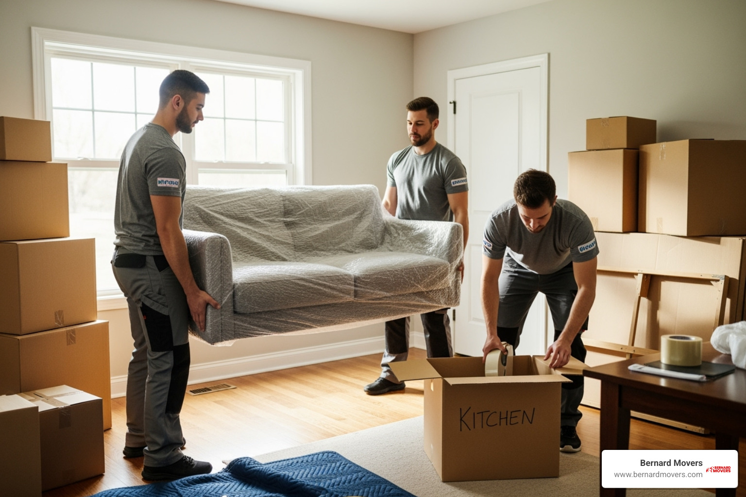 Bernard Movers' team carefully handling and packing furniture and boxes - small load long distance moving companies