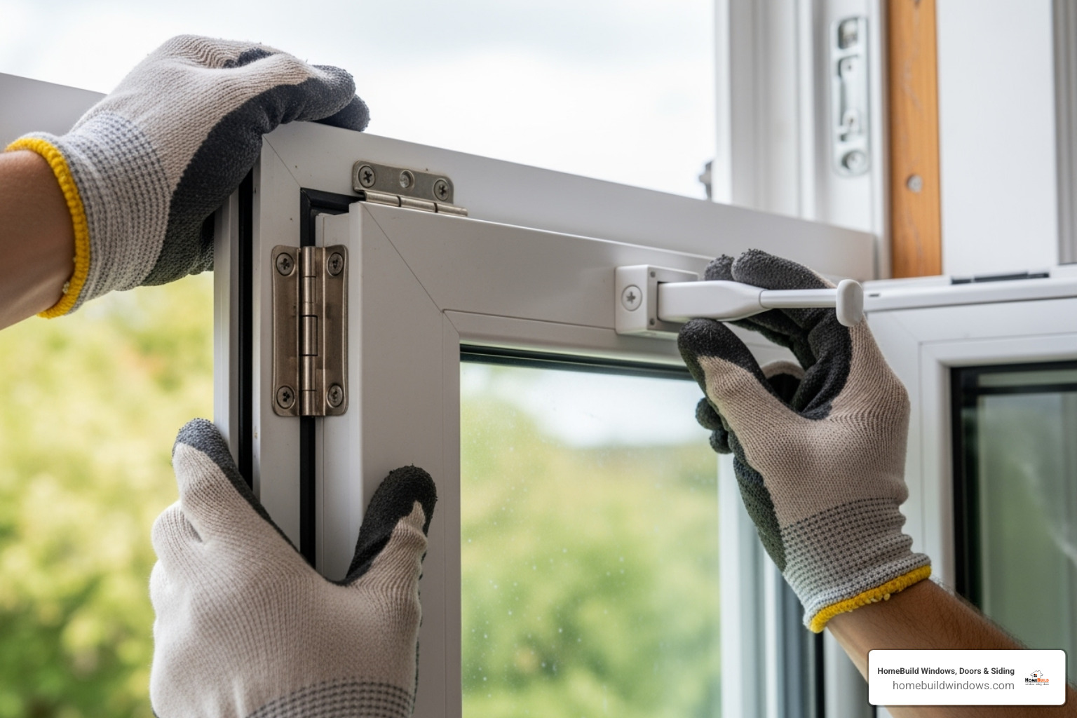 A new awning window sash being carefully placed into the window frame, aligning hinges and preparing for reattachment of the operator arm - how to replace awning window sash