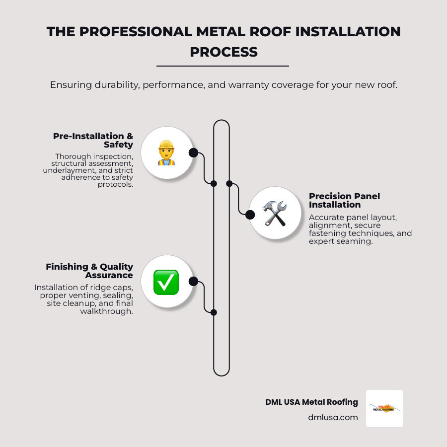 Comprehensive guide showing the metal roof installation process from initial inspection through final walkthrough, including safety requirements, material preparation, panel installation techniques, and quality assurance steps - metal roof installers infographic infographic-line-3-steps-neat_beige
