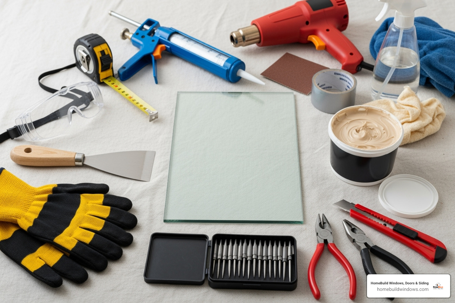 Image of all necessary tools and materials neatly arranged on a drop cloth - how to replace awning window pane