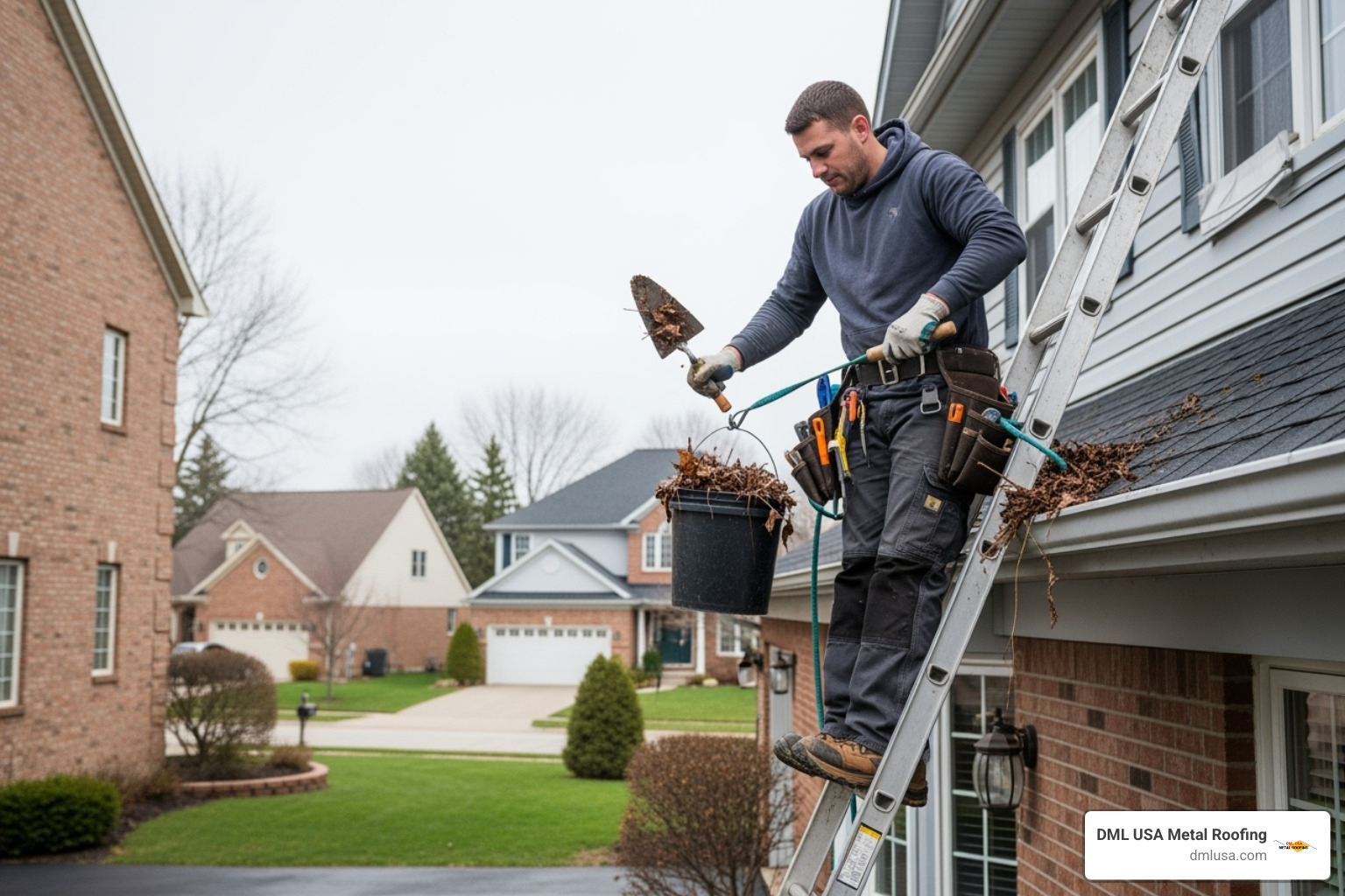 Roofer cleaning debris from a gutter system - roofing chicago