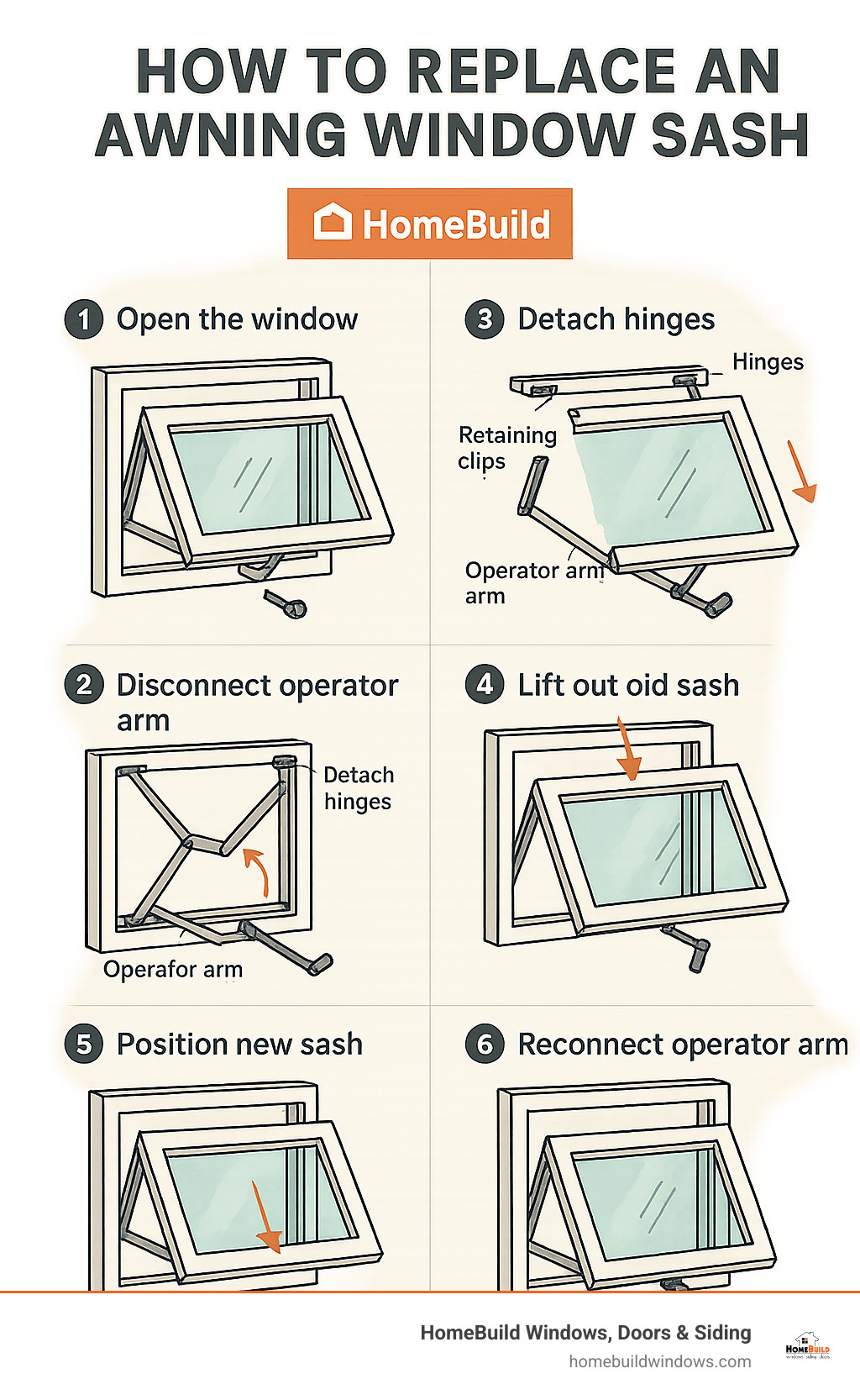 Step-by-step awning window sash replacement process showing the main components: window frame, sash with glass, operator arm mechanism, hinges, retaining clips, and crank handle, with arrows indicating the removal and installation sequence - how to replace awning window sash infographic 