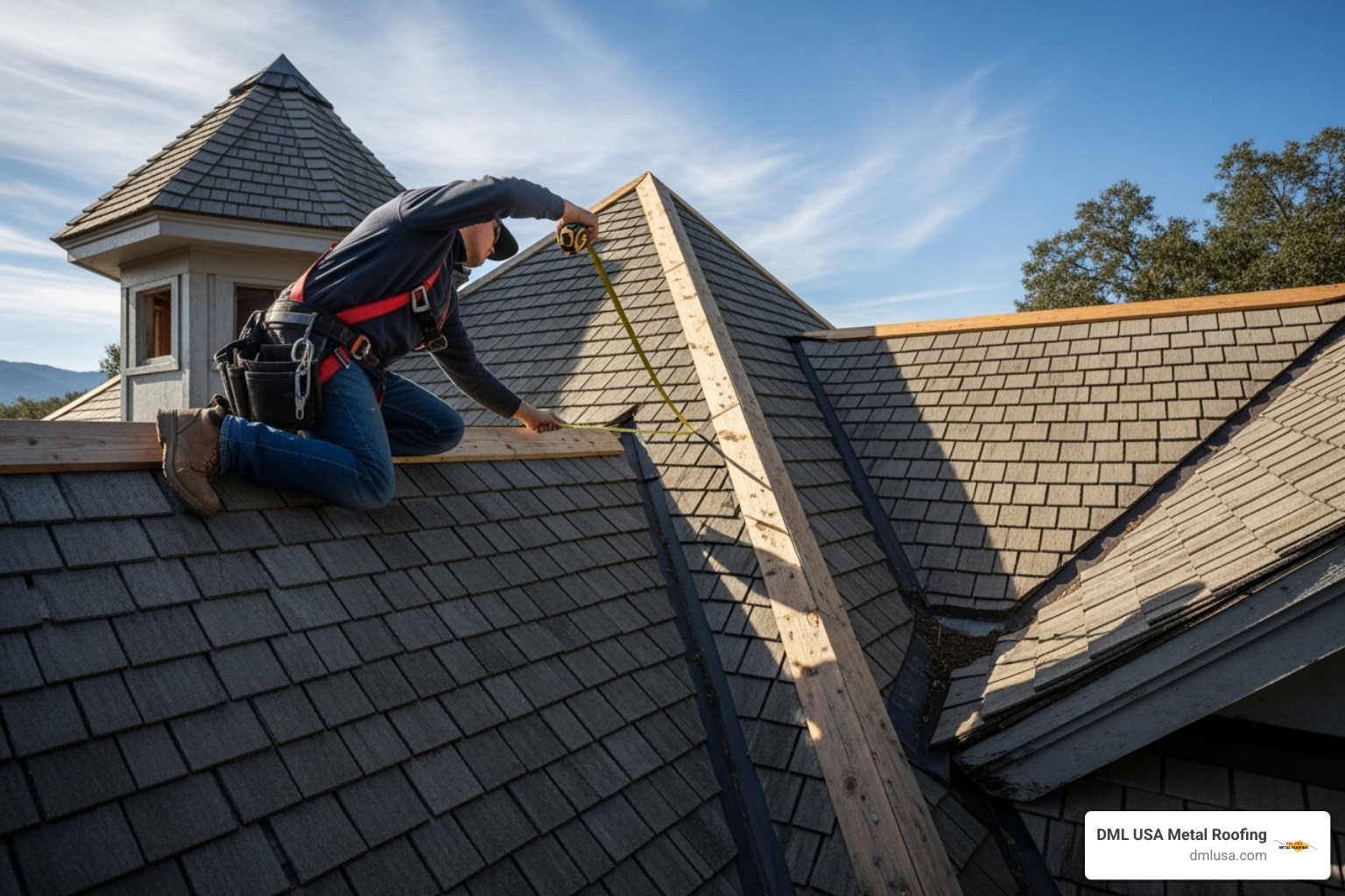 Image of a roofer carefully measuring a complex roofline - slate roof installation chicago