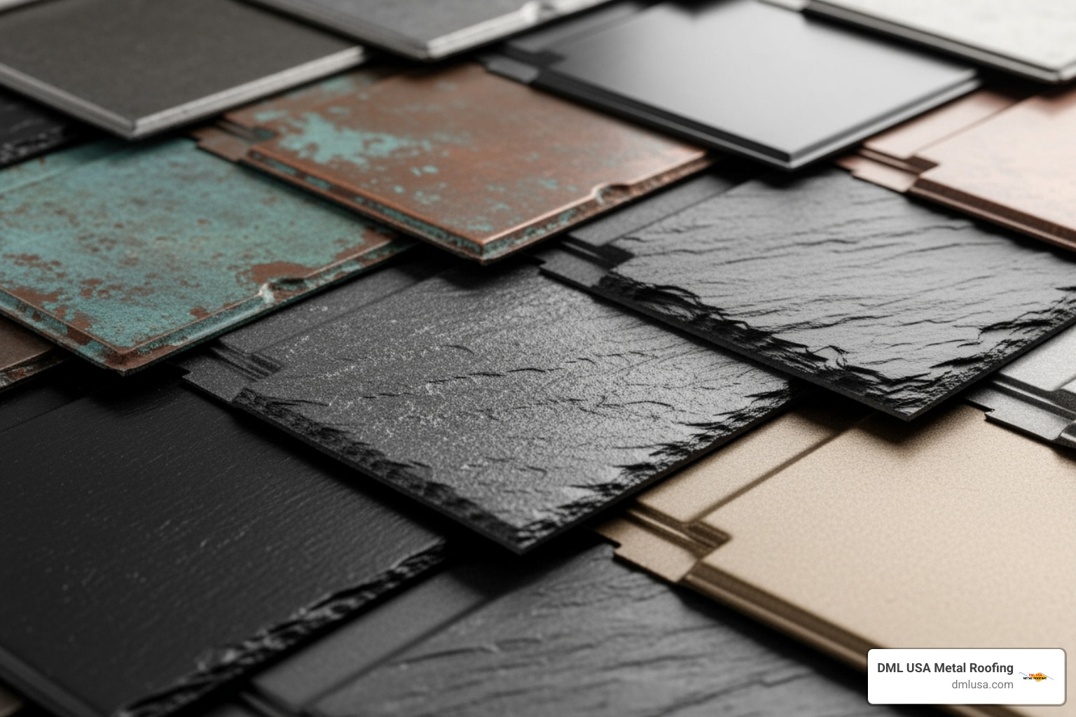 Image of different metal slate tile colors and textures - slate roof installation chicago