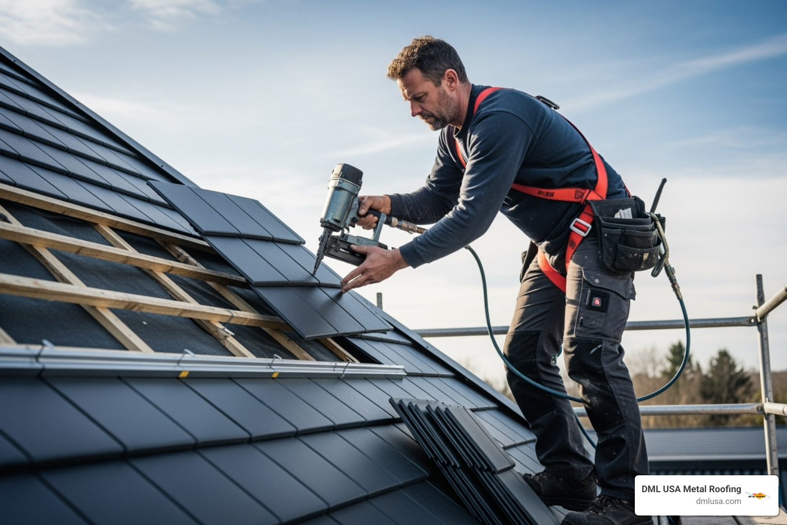 Image of a skilled craftsman installing a metal slate tile - slate roof installation chicago