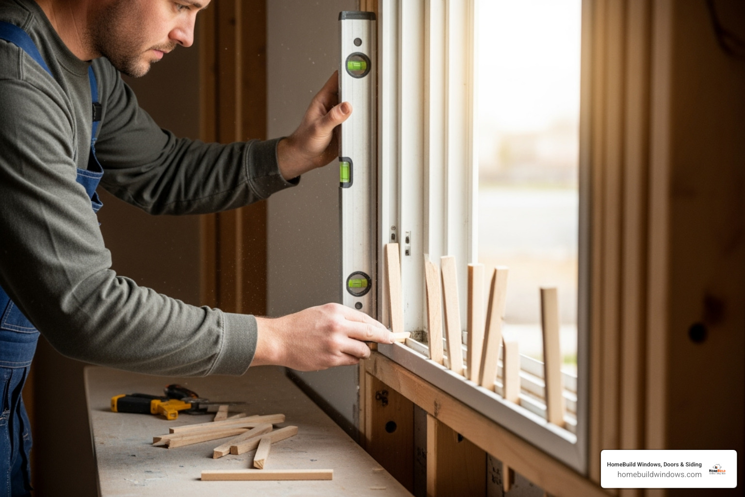 person carefully shimming a new window to be level - how to replace an awning window