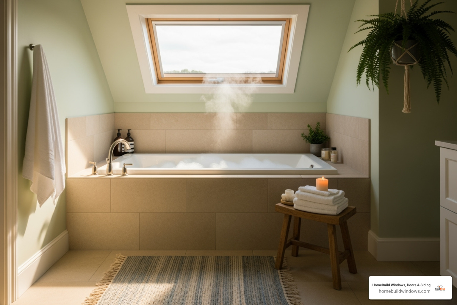 A cozy bathroom with a high-placed awning window providing privacy and abundant natural light - Energy efficient awning windows