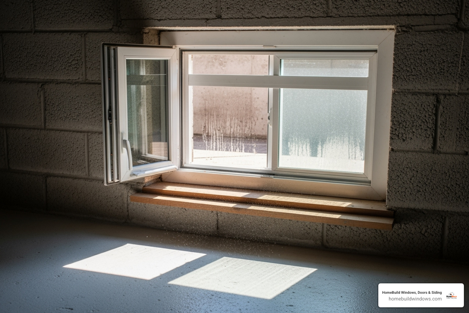 An awning window installed high in a basement wall, providing natural light and ventilation - Energy efficient awning windows