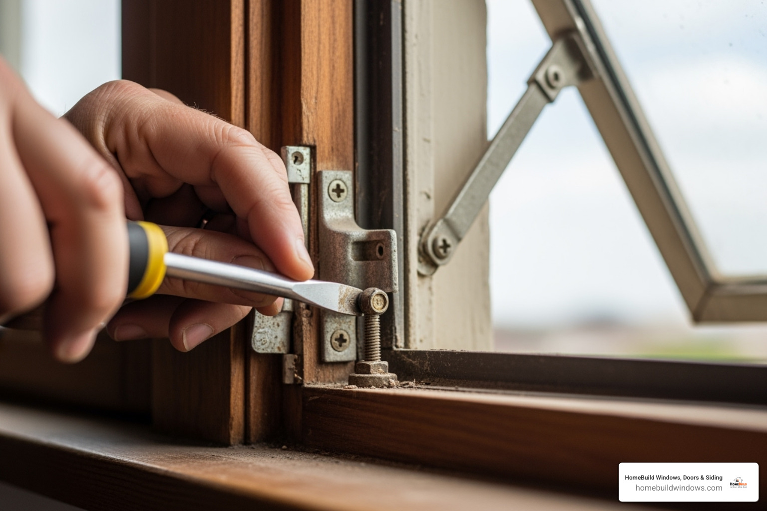 person carefully unscrewing an old window operator from the frame - how to replace an awning window operator