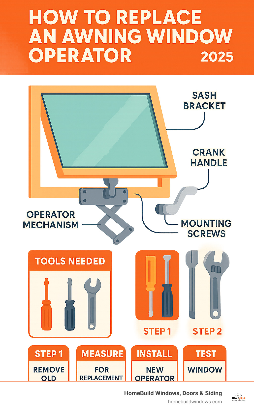 Step-by-step infographic showing awning window operator replacement process with labeled parts including operator mechanism, crank handle, mounting screws, operator arms, sash bracket, and tools needed for the job - how to replace an awning window operator infographic 