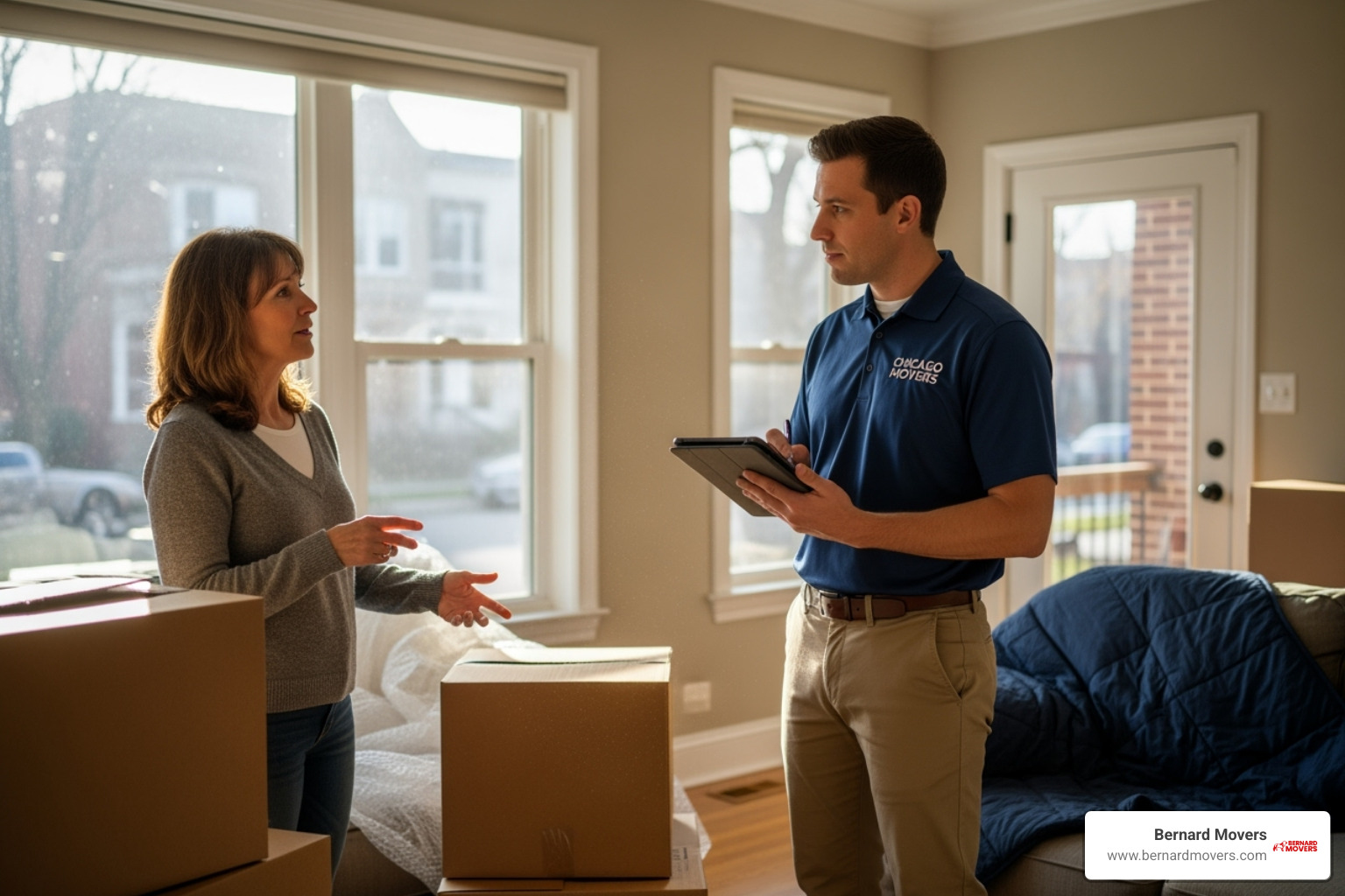 a homeowner in Chicago talking with a Bernard Movers estimator holding a tablet - cost for full service movers