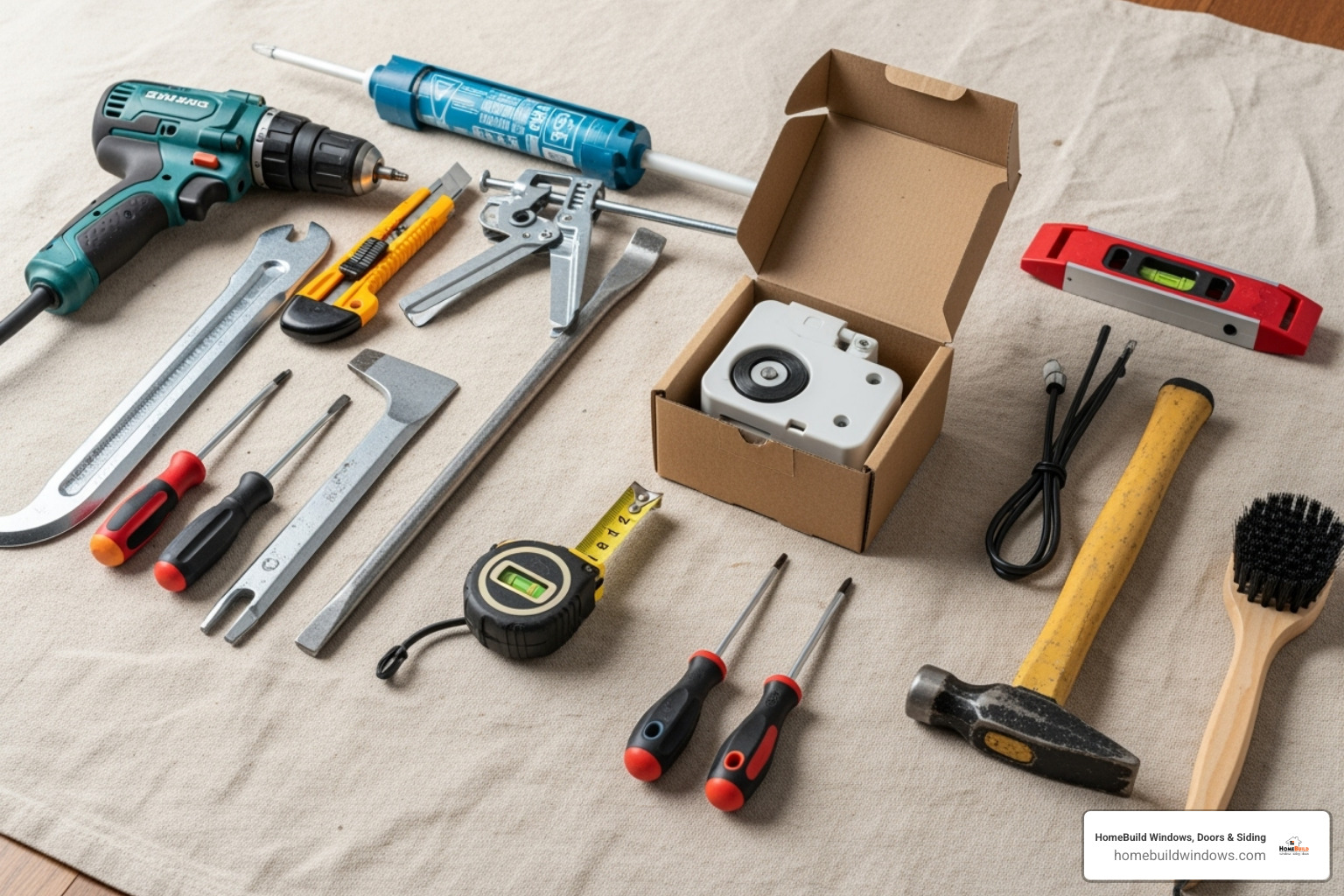 all the necessary tools and a new operator laid out neatly on a drop cloth - how to replace an awning window operator