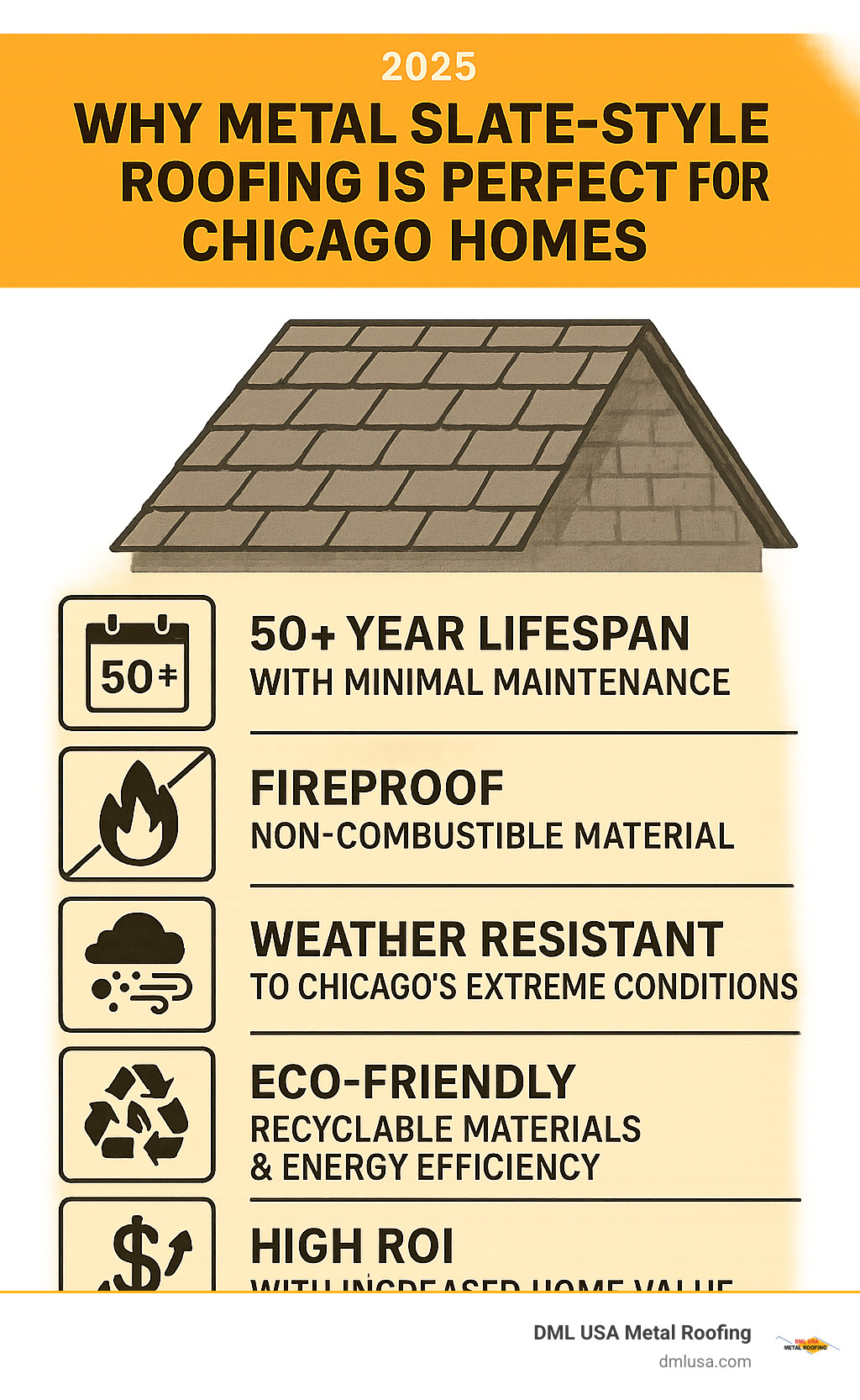 Infographic showing the top 5 benefits of metal slate-style roofing: 50+ year lifespan with minimal maintenance, fireproof non-combustible material, weather resistant to Chicago's extreme conditions including hail and wind, eco-friendly recyclable materials with energy efficiency, and high ROI with increased home value - slate roof installation chicago infographic 