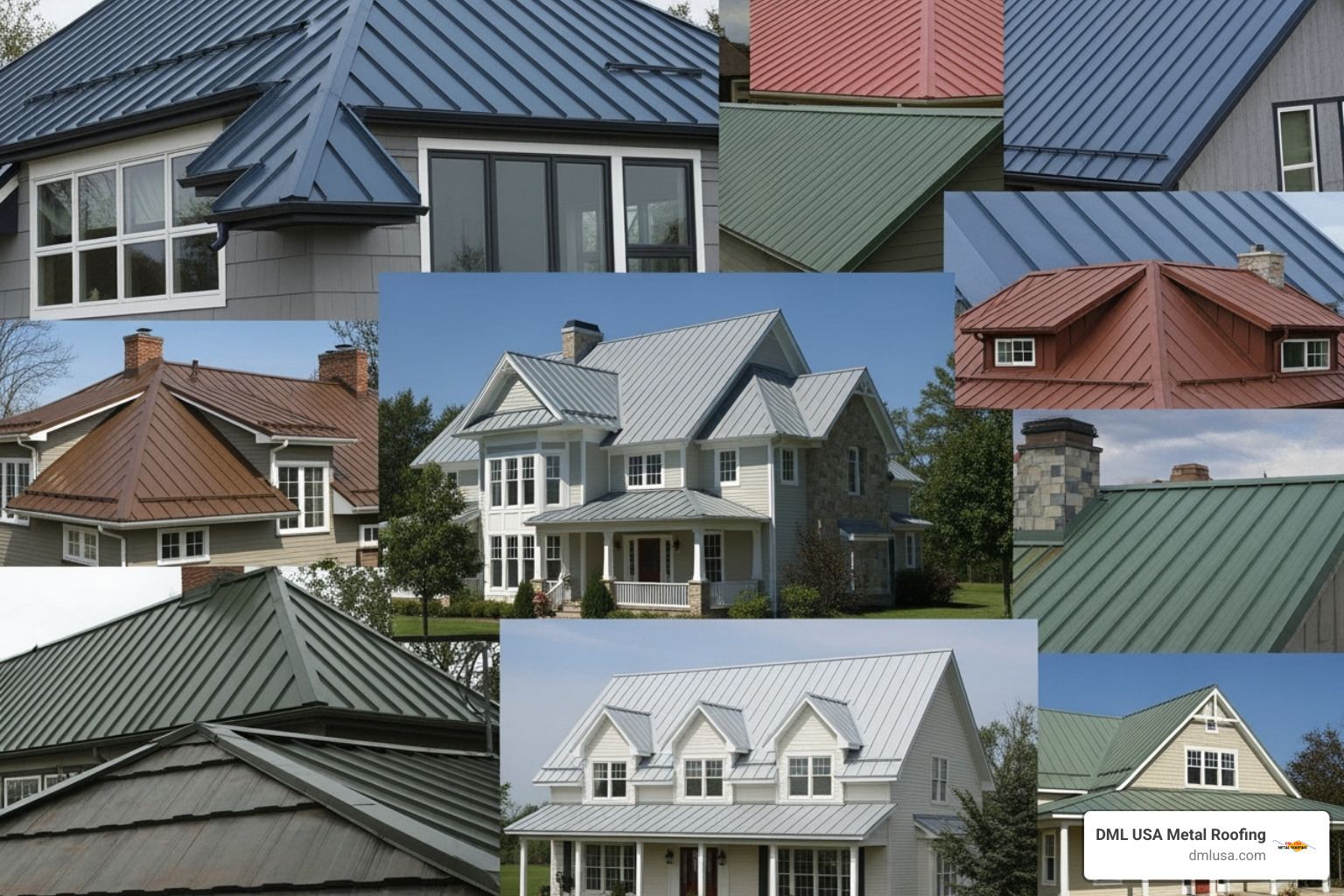 Collage of various metal roof colors, profiles, and finishes on different styles of homes - custom metal roofing near me