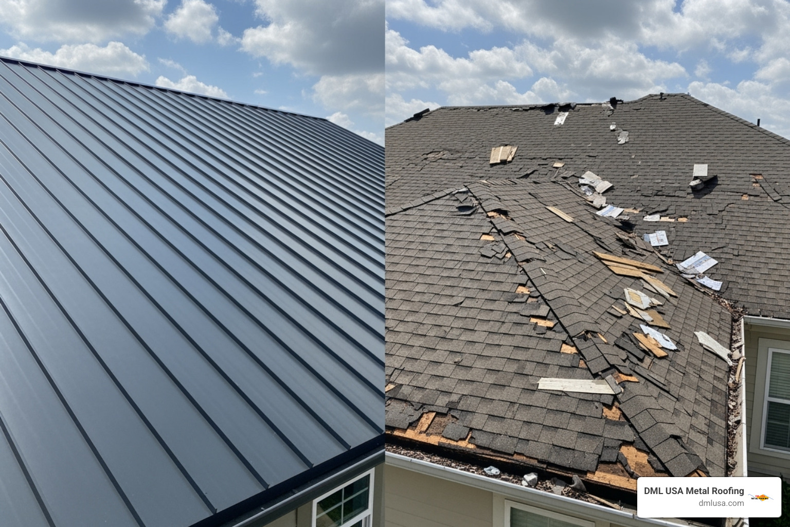 Pristine metal roof next to a storm-damaged traditional roof - custom metal roofing near me
