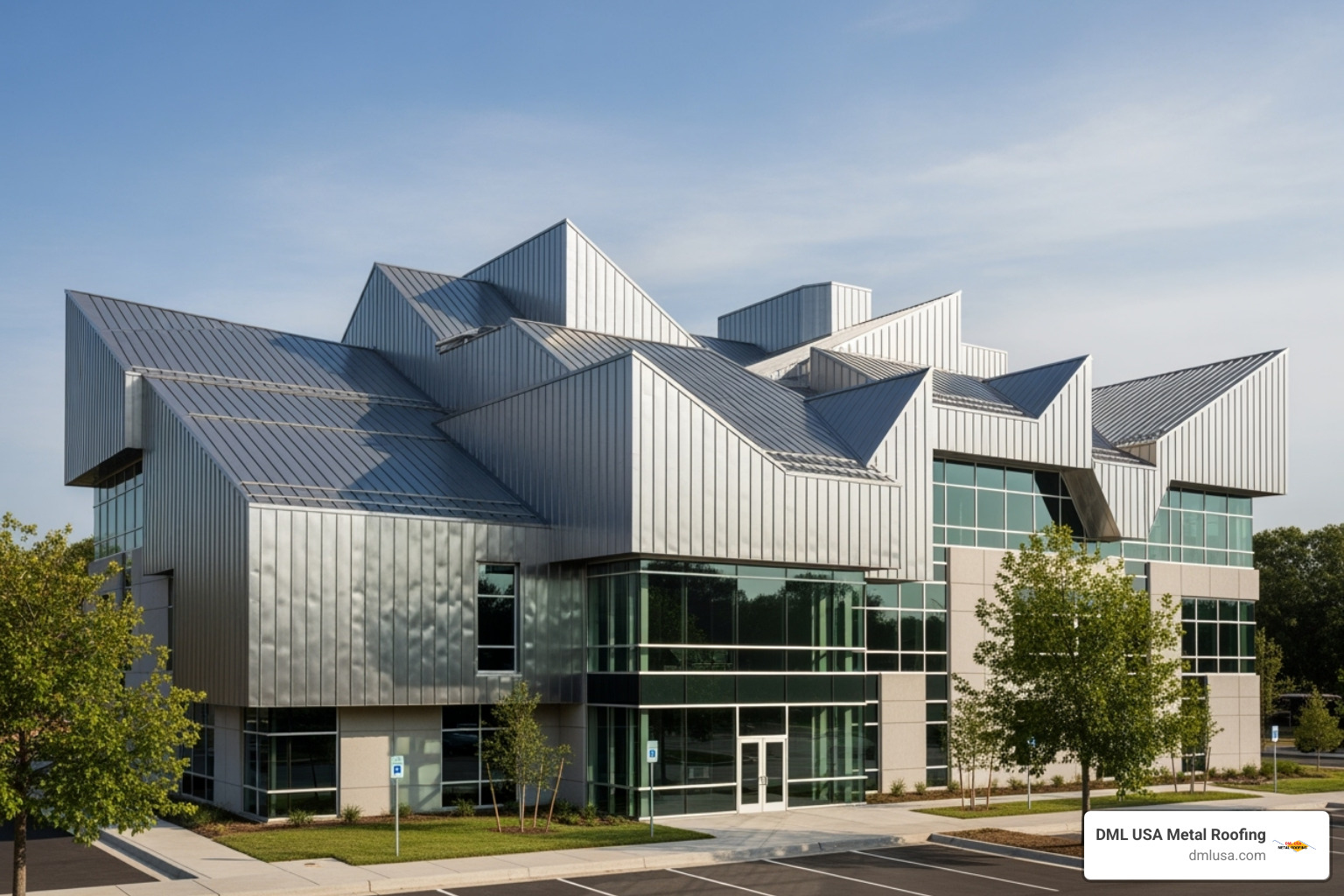 Modern commercial building featuring a complex custom metal roof design - custom metal roofing near me