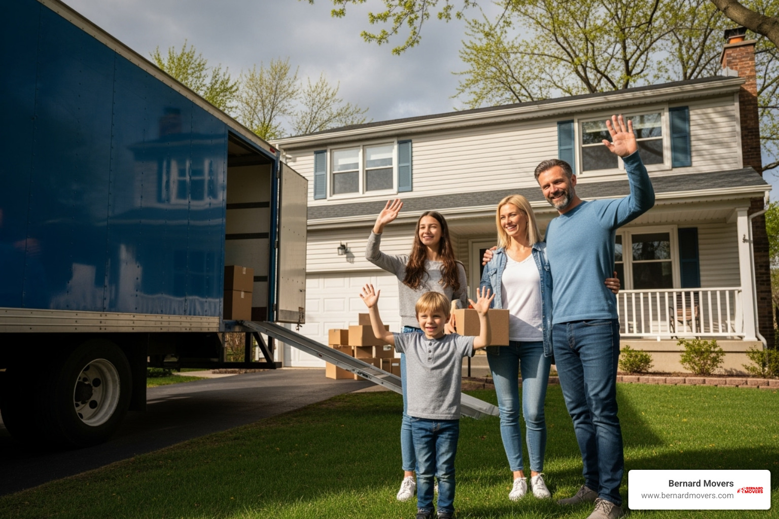 A family waving goodbye to their old house in Melrose Park, Illinois, with a moving truck in the background - cheap way to move out of state