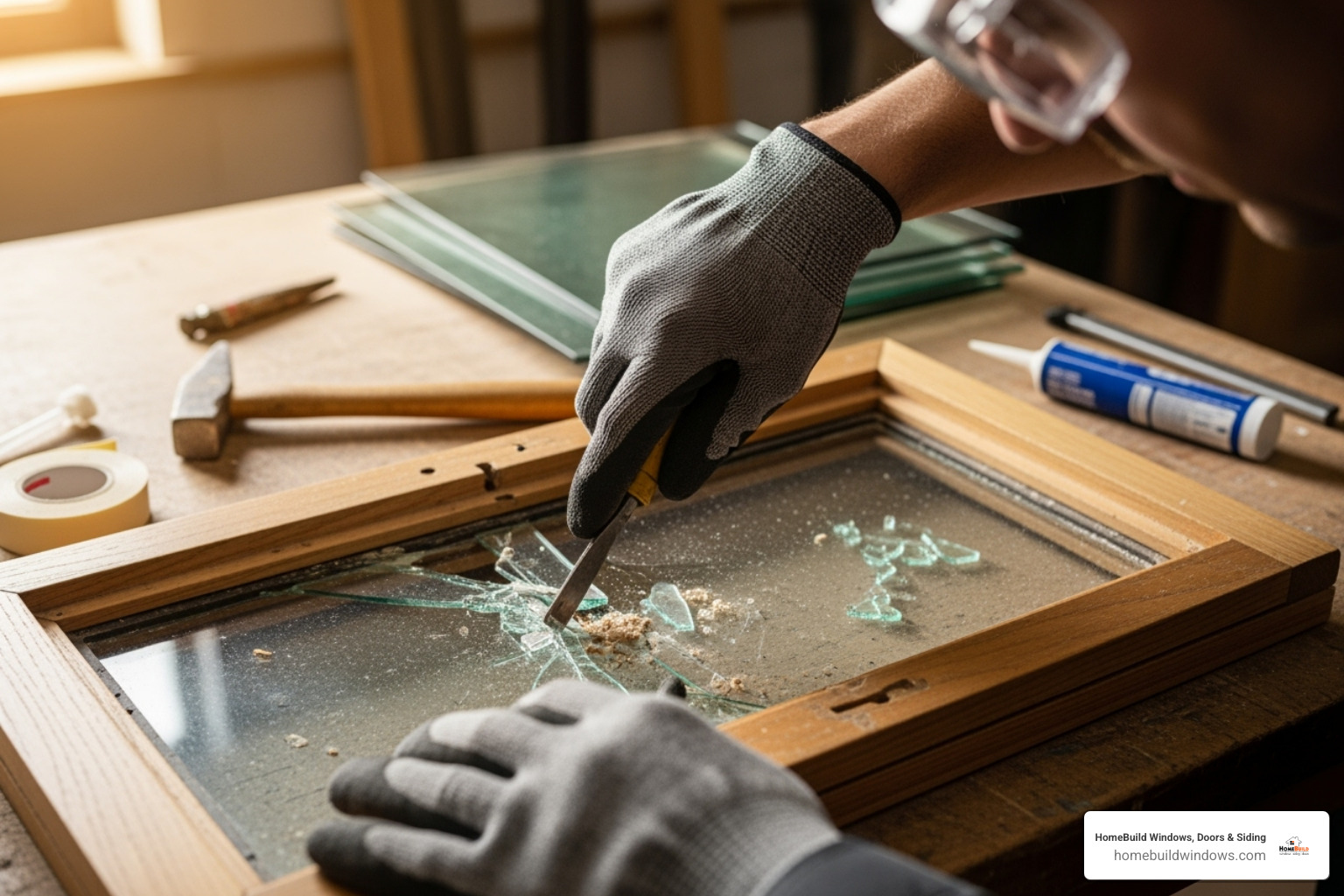 person wearing safety gear beginning the window repair process - how to replace glass in awning window