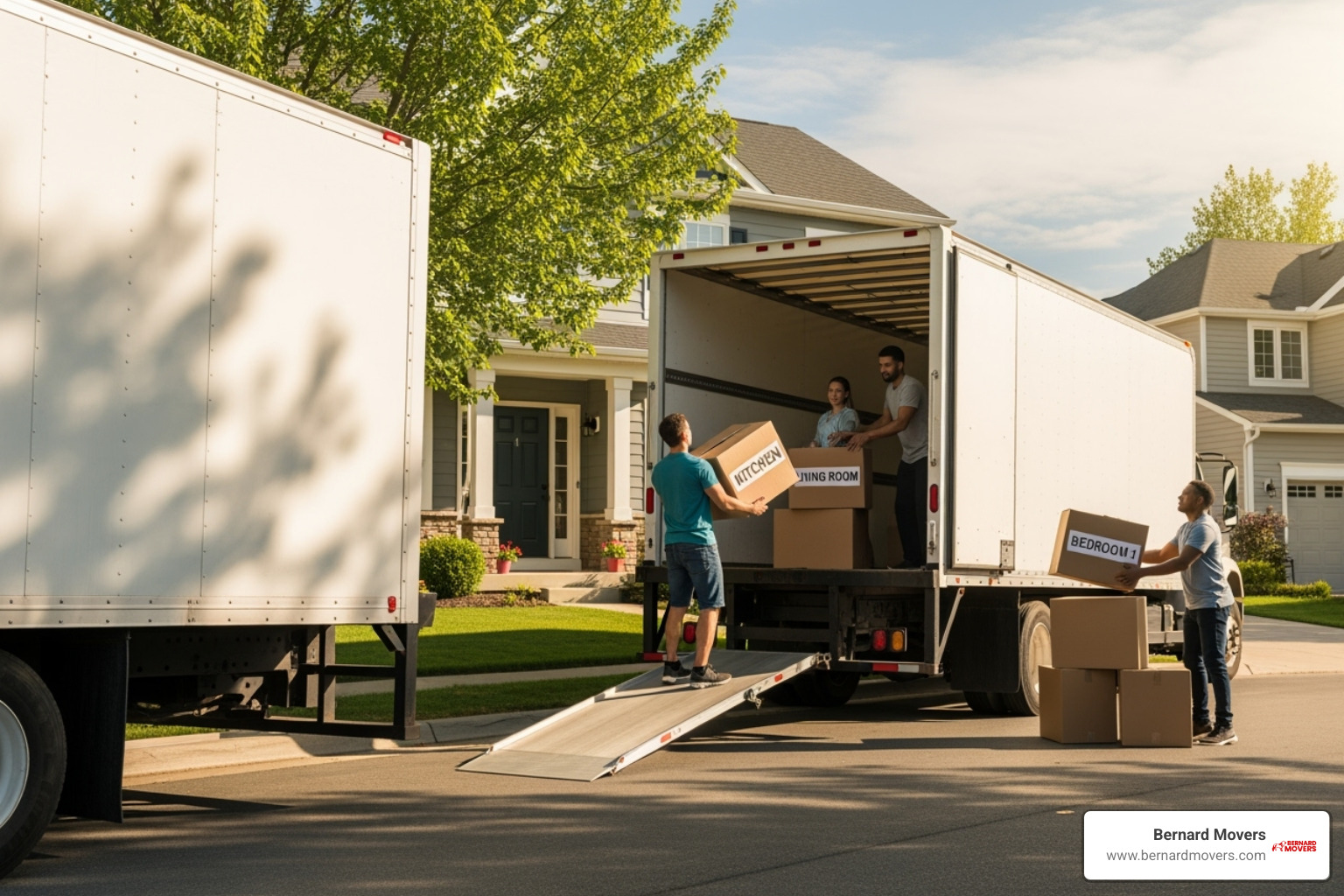 a Bernard Movers truck being loaded with clearly labeled boxes in front of a suburban Melrose Park home - cost for full service movers
