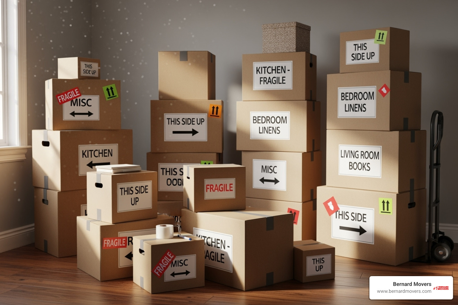 neatly packed and labeled moving boxes - cheap long distance moving companies