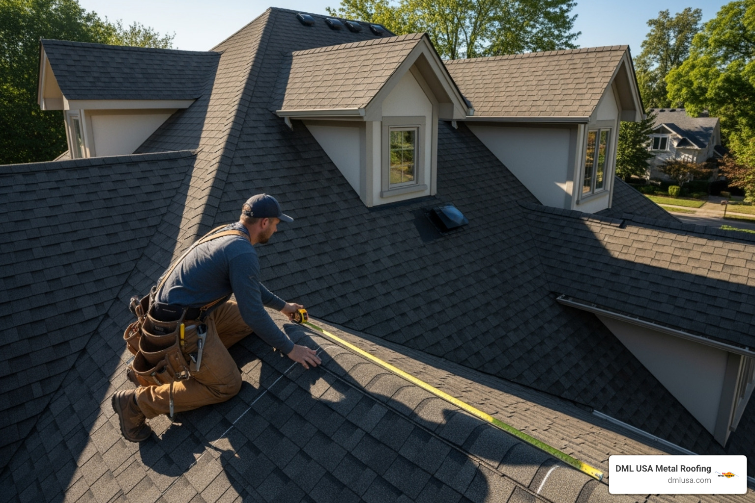 A roofer carefully measuring a complex roof with multiple angles and dormers, highlighting the precision required for intricate roofing projects - metal roofer cost