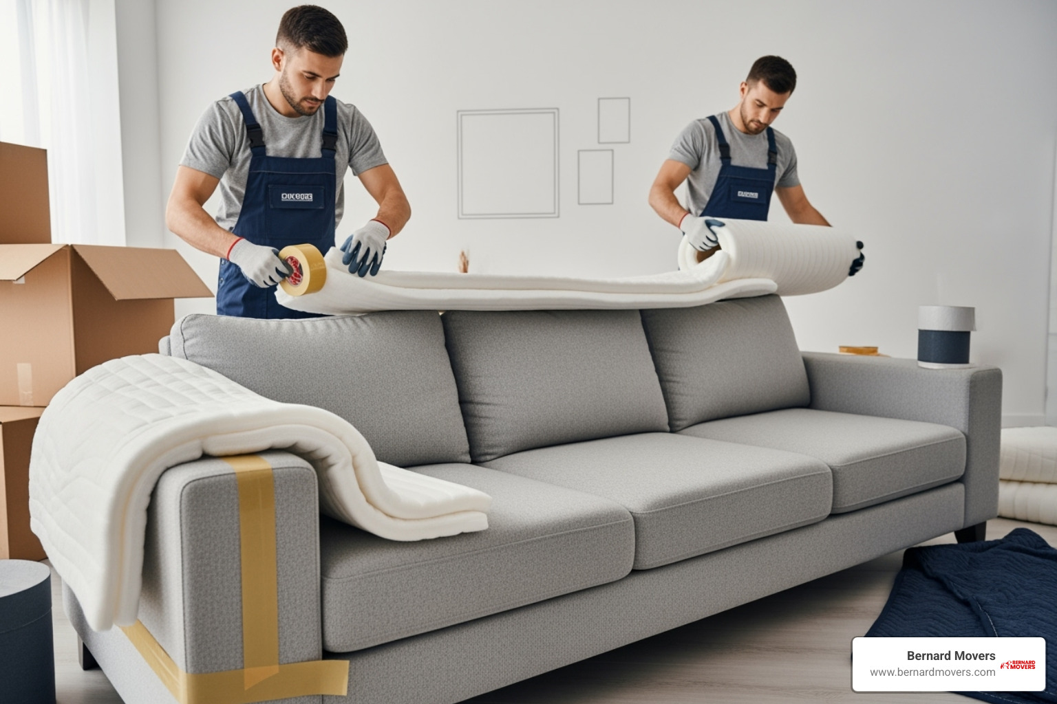 Bernard Movers' team carefully wrapping a sofa with protective padding - most affordable way to move long distance