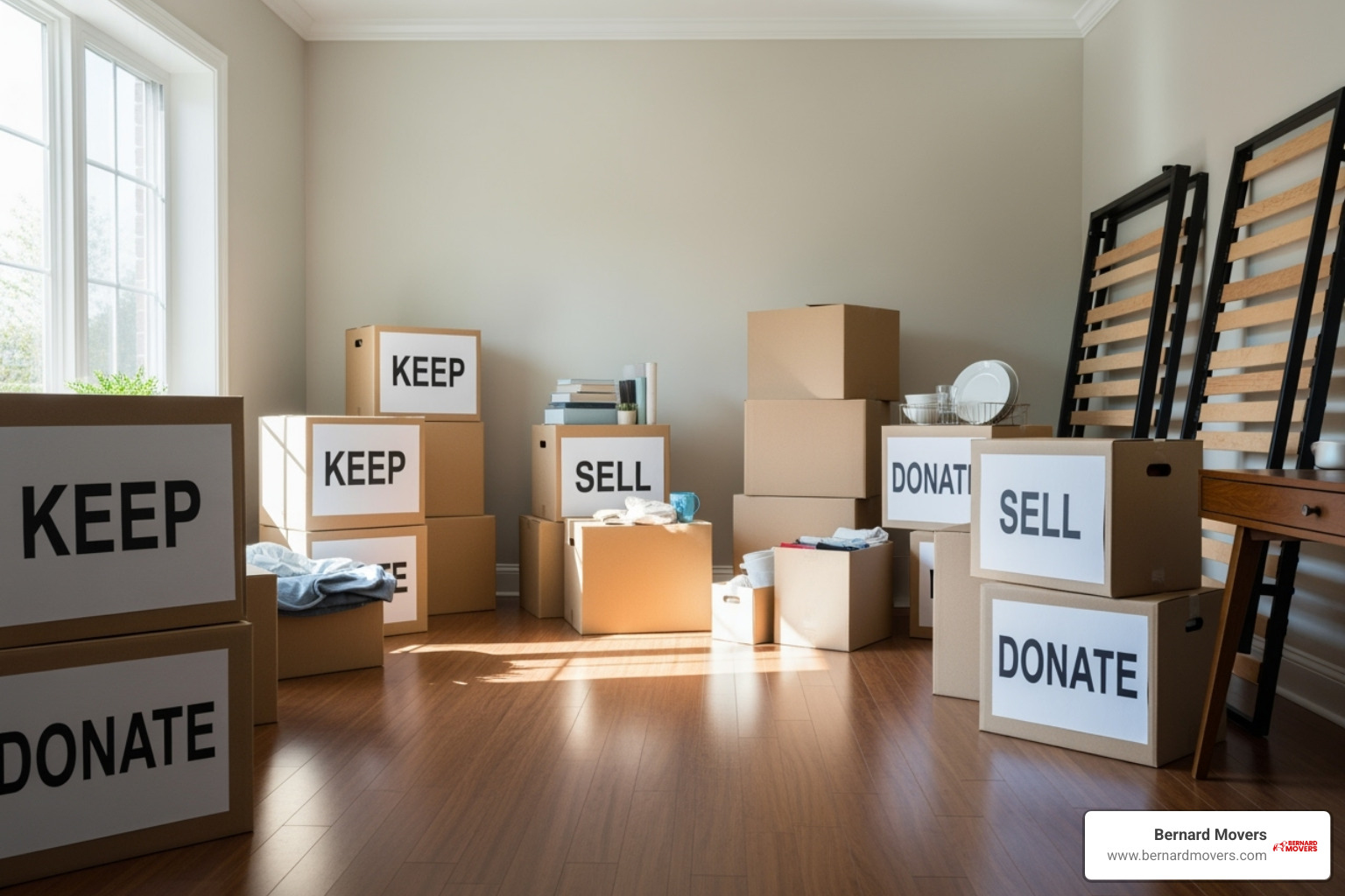 A neatly organized room with boxes labeled "Keep," "Sell," and "Donate" - most affordable way to move long distance