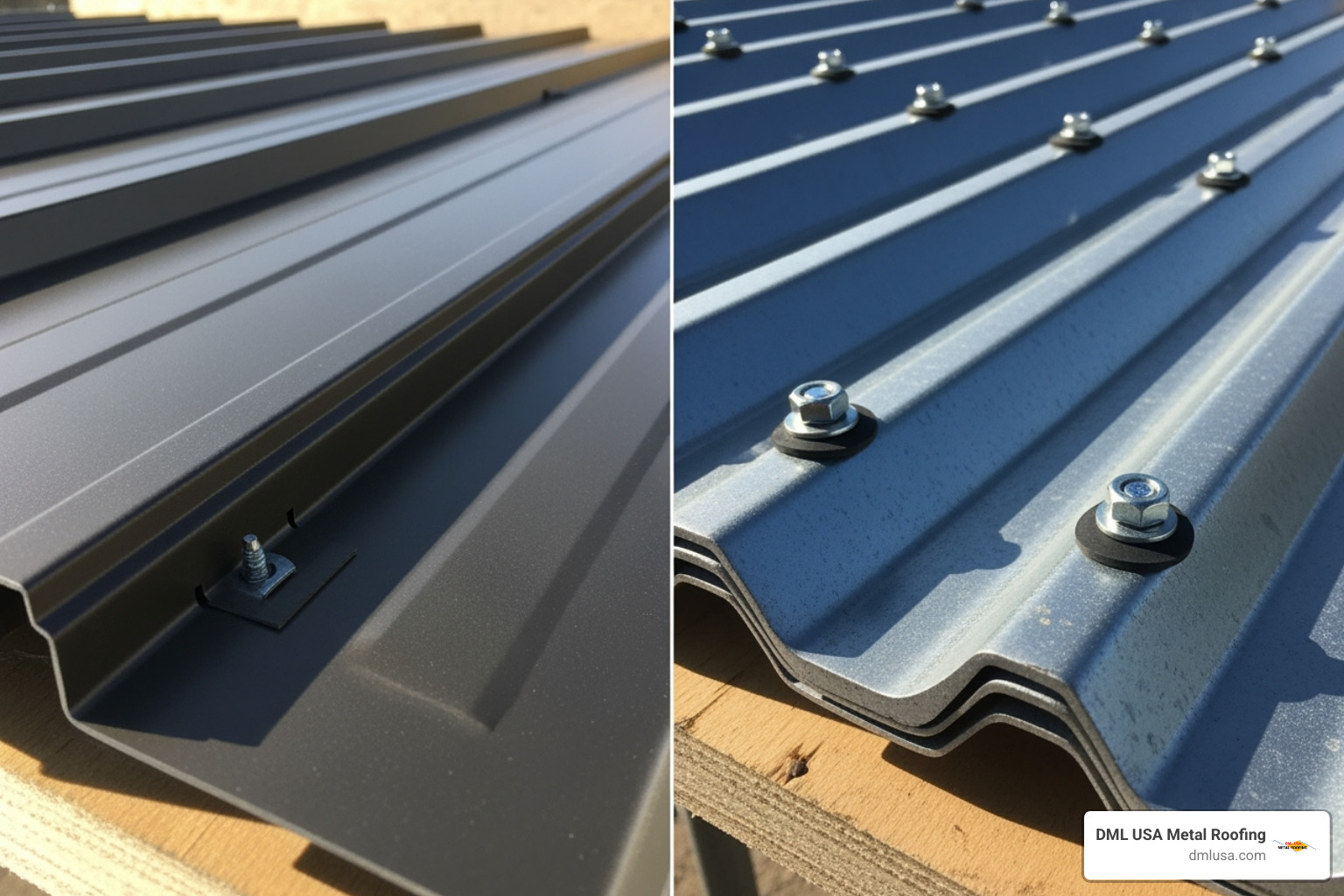 Side-by-side comparison of a standing seam panel (left) with hidden fasteners and a corrugated panel (right) with exposed fasteners - metal roofer cost
