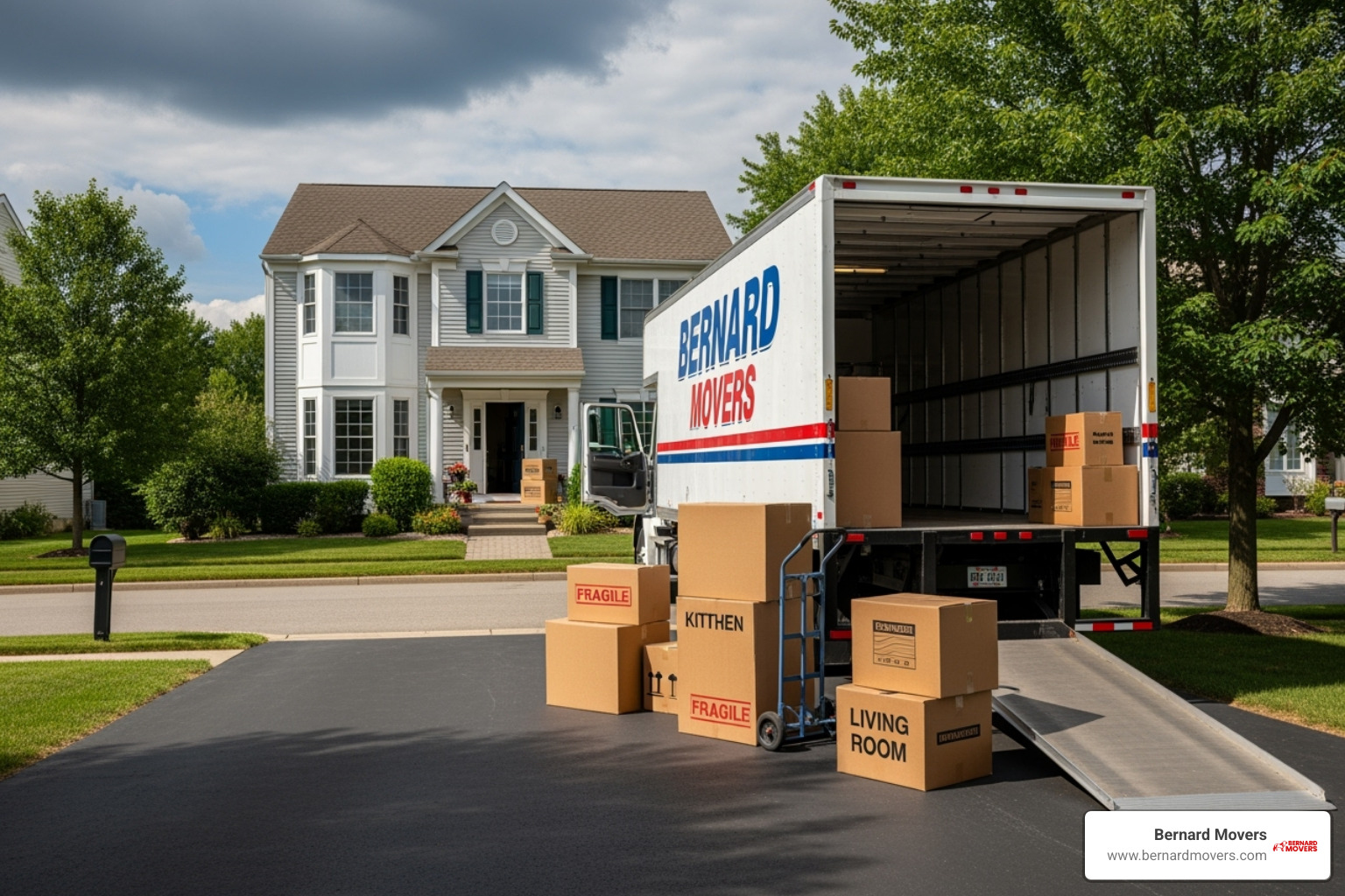 A Bernard Movers truck parked in a suburban driveway, ready for a long-distance move - most affordable way to move long distance