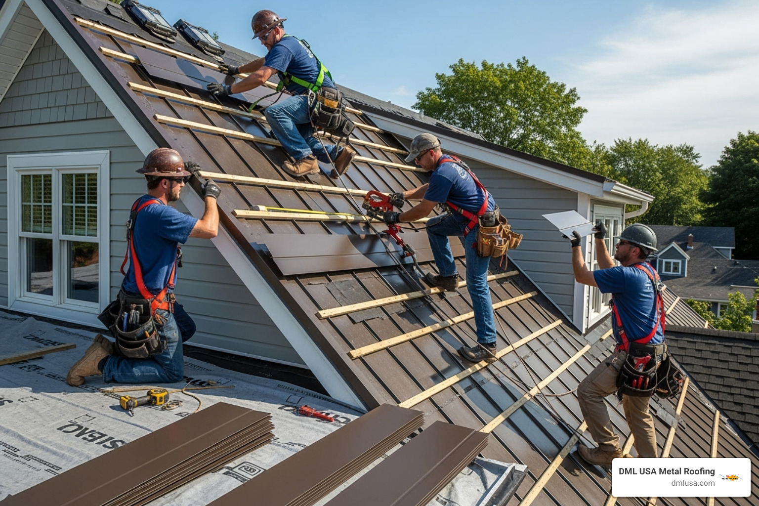 A professional roofing crew carefully installing a metal roof on a steep pitch, highlighting the specialized skills and safety measures required - metal roofer cost