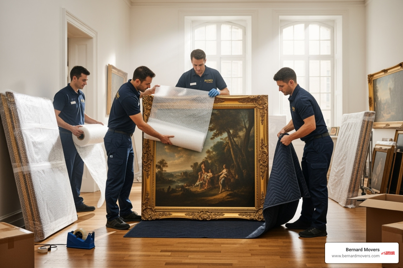 Bernard Movers team carefully wrapping a large piece of art - city home movers
