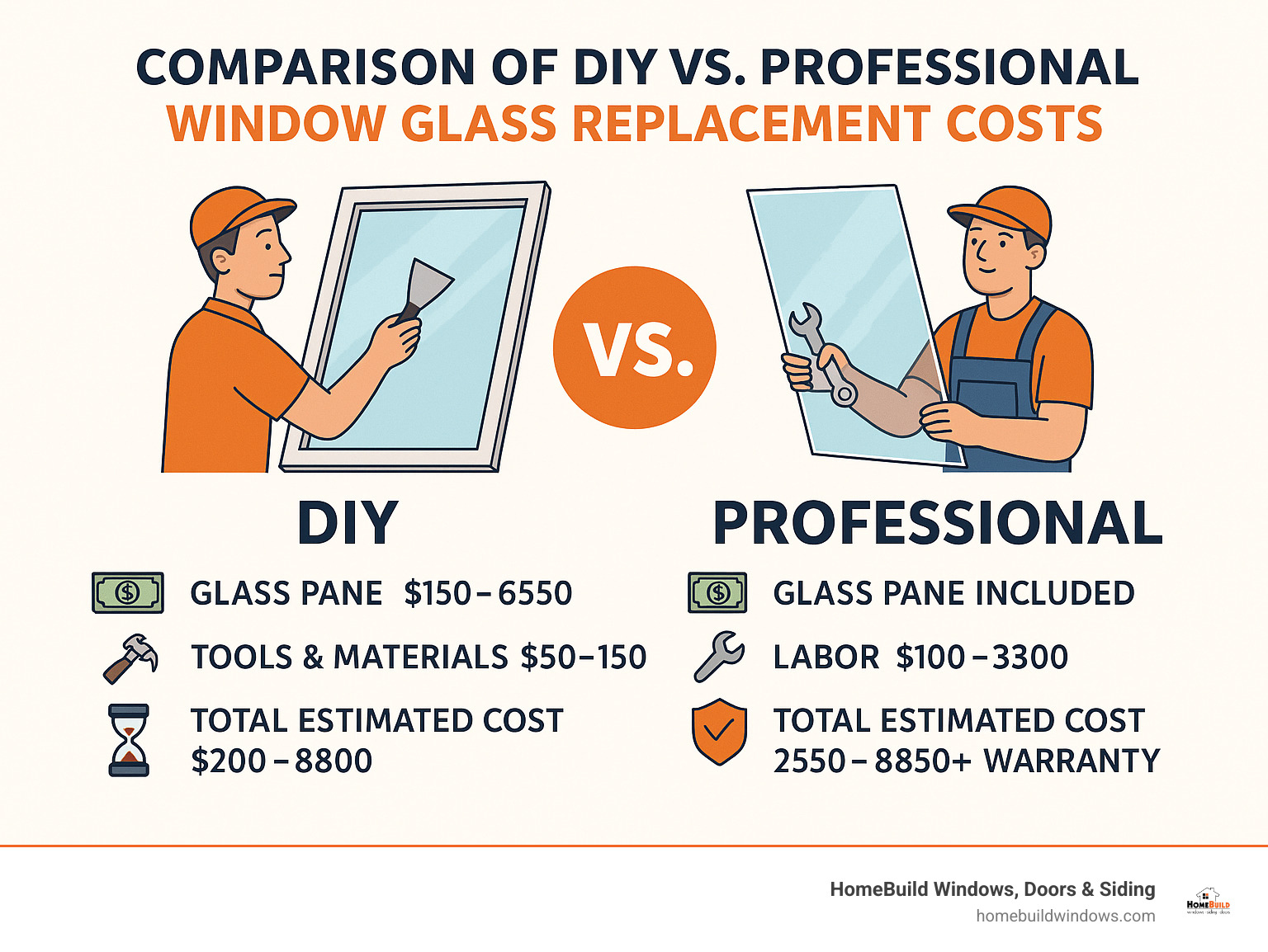Comparison of DIY vs. Professional window glass replacement costs - how to replace glass in awning window infographic 