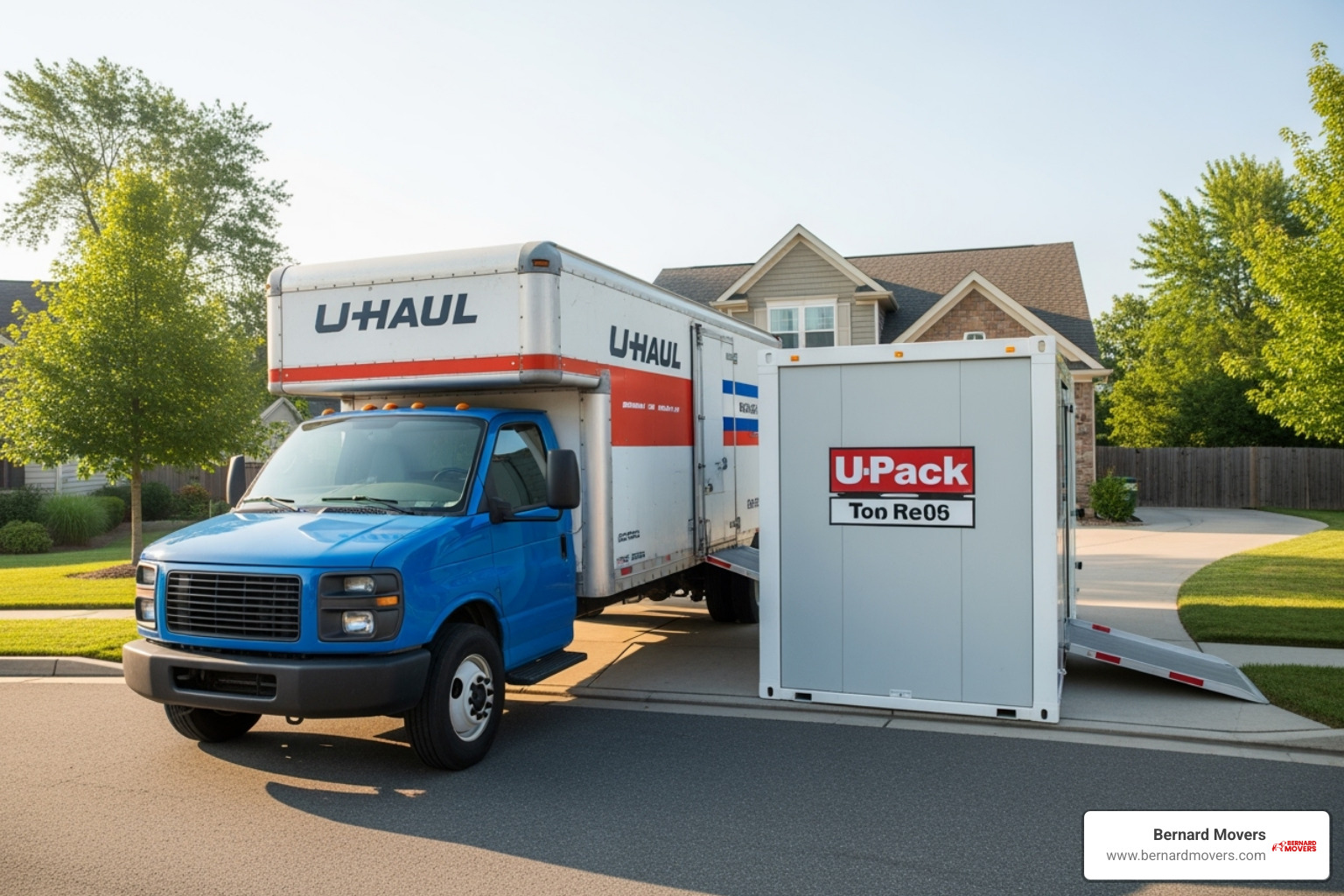 A rental moving truck parked next to a portable storage container, symbolizing hybrid moving options - cheap way to move out of state