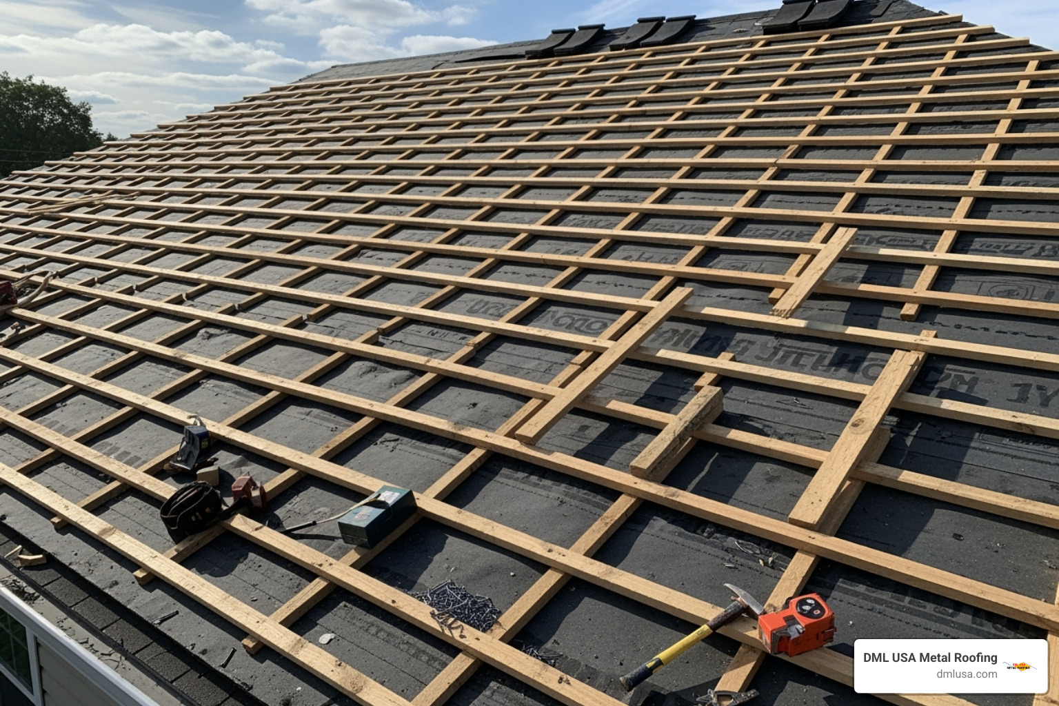roof being prepped for metal installation, showing underlayment or furring strips - how to put metal roofing over shingles