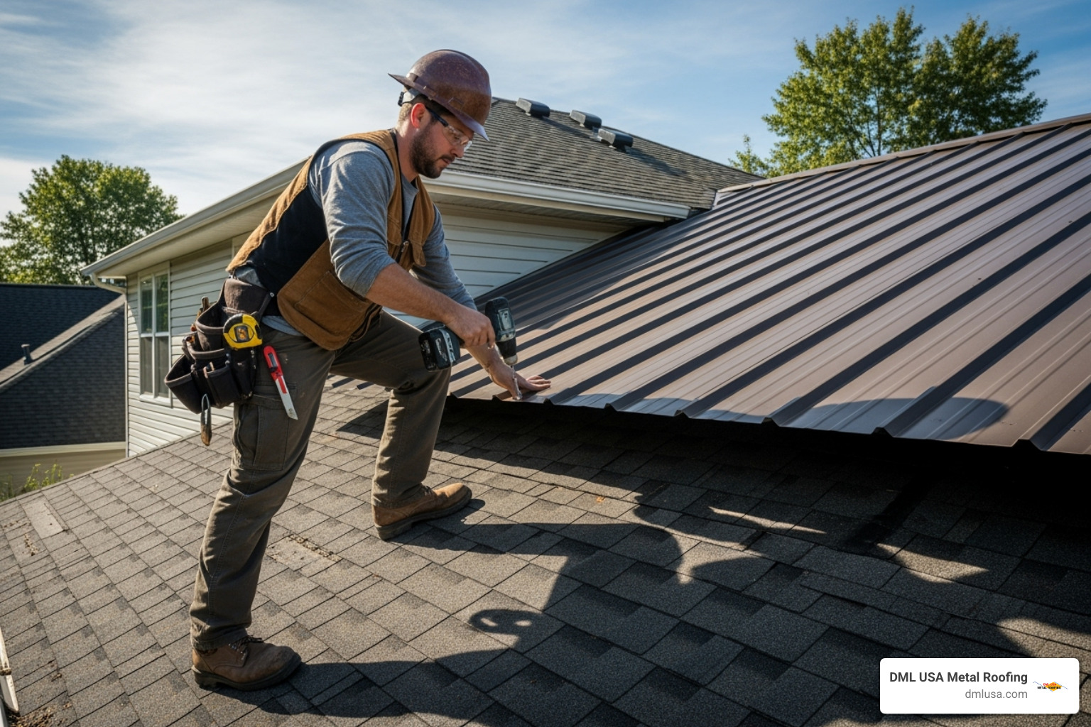 contractor securing a metal panel over a shingled roof - how to put metal roofing over shingles