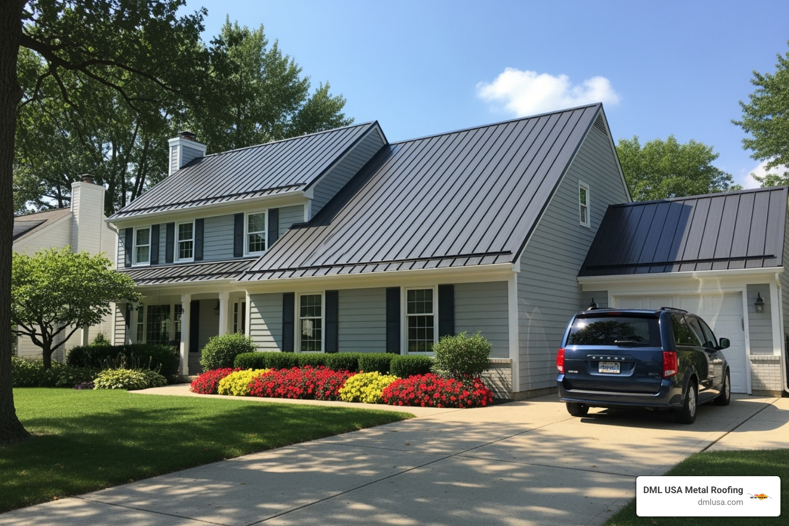 finished metal roof in an Illinois neighborhood, showcasing its curb appeal - how to put metal roofing over shingles
