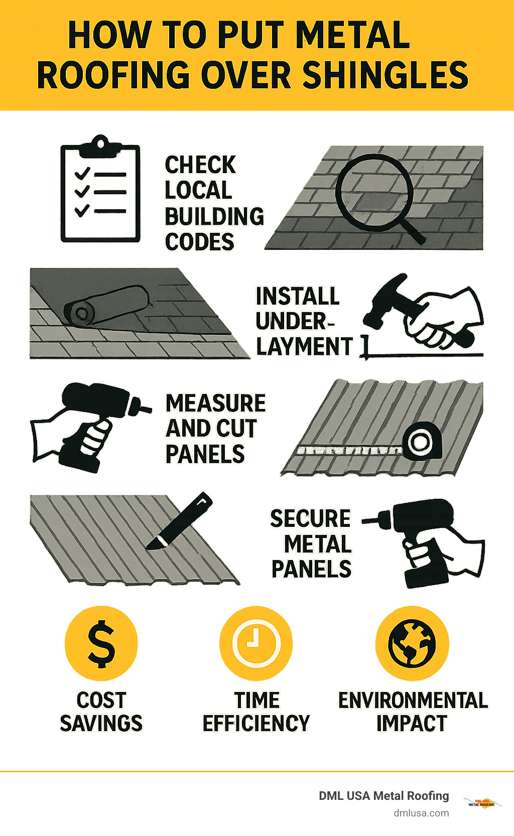 Step-by-step infographic showing the complete process of installing metal roofing over existing shingles, including preparation steps, installation sequence, and key benefits like cost savings, time efficiency, and environmental impact compared to full tear-off replacement - how to put metal roofing over shingles infographic 