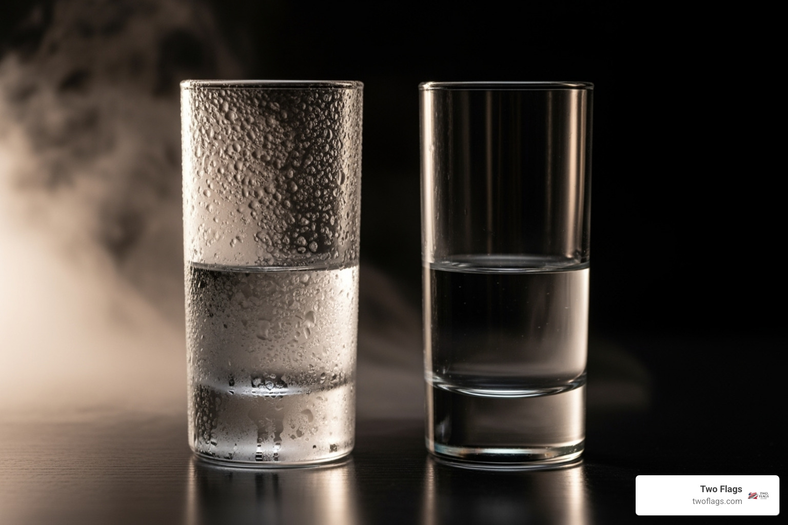 two vodka tasting glasses, one frosted and one clear - Does vodka freeze?