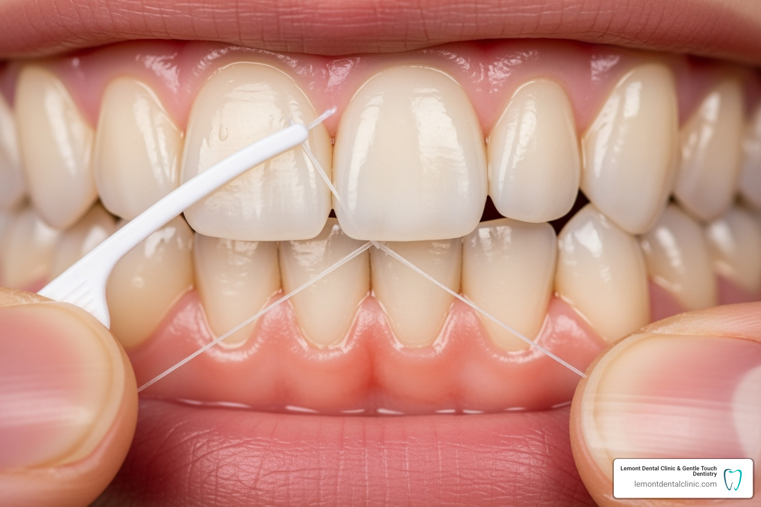 a person flossing correctly - does teeth cleaning hurt