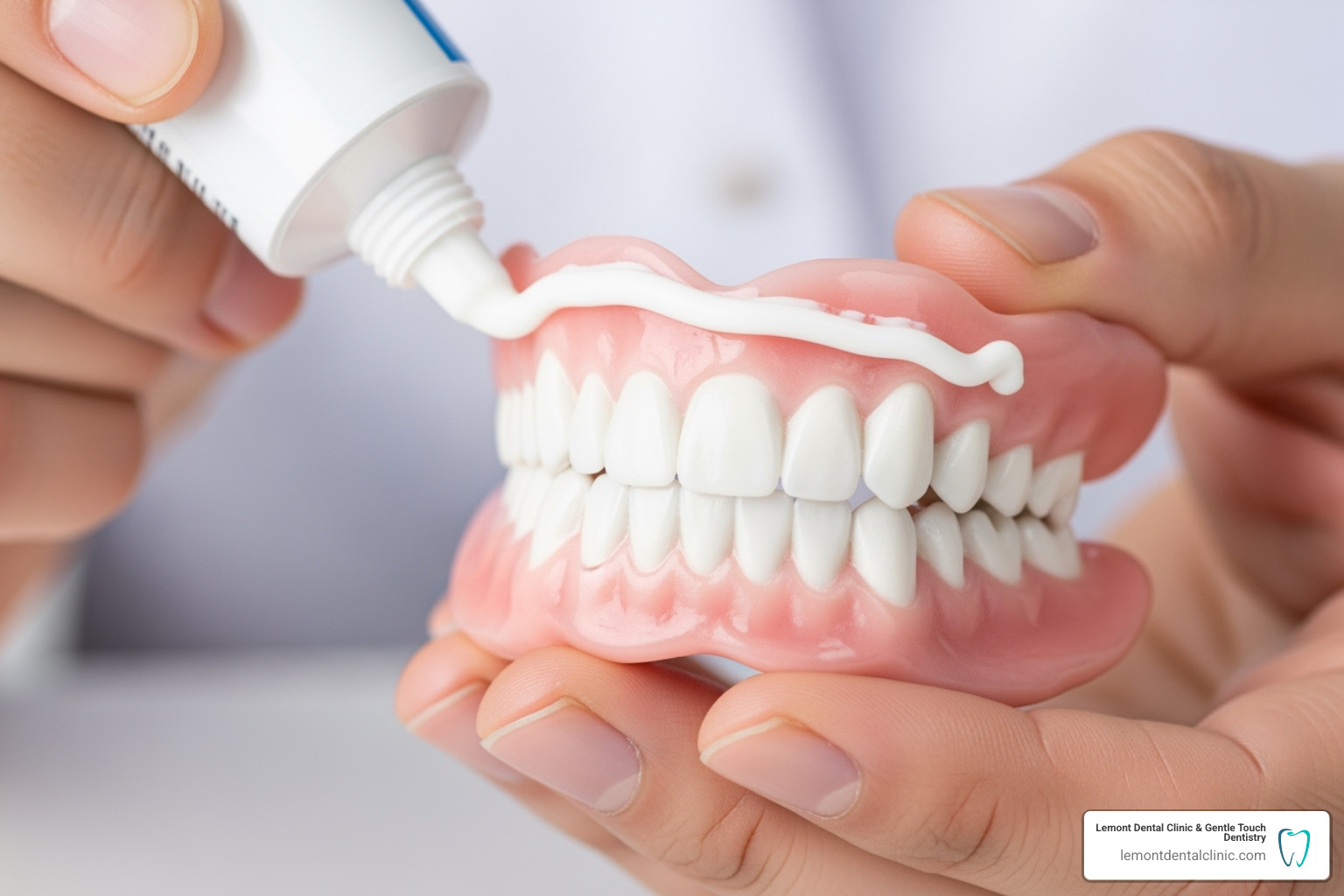proper denture adhesive application on a clean denture - fixing loose dentures