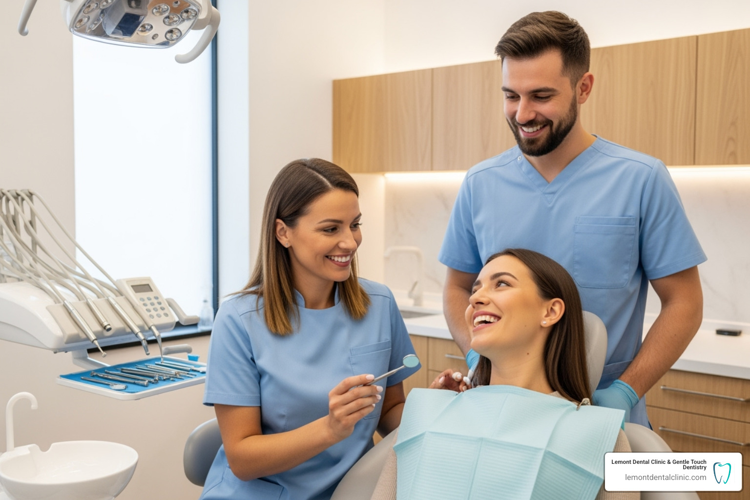 Friendly dental team with a happy patient - cosmetic dentistry lemont il