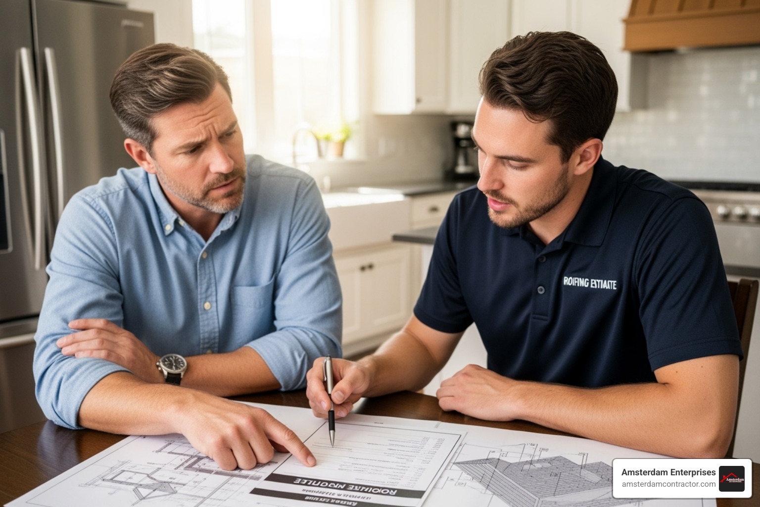 of a homeowner reviewing a roofing estimate with a contractor - roof repair crystal lake il