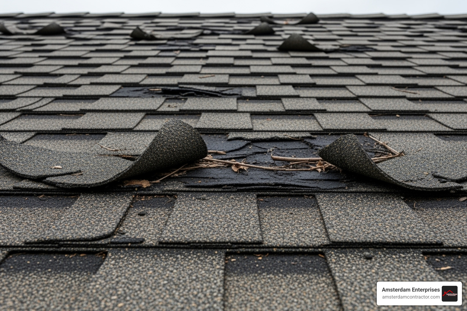 of a roof with visible curling shingles and granule loss - roof repair crystal lake il