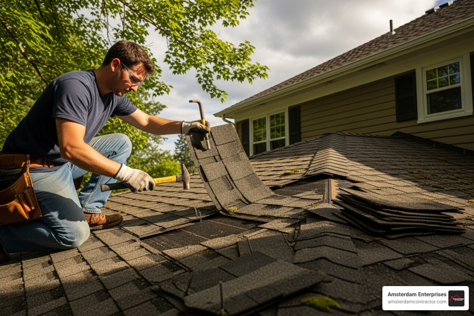 of a roofer carefully replacing a damaged shingle - roof repair crystal lake il